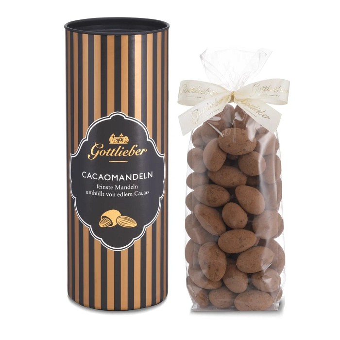 Cacao-Mandeln||| CHF 19.9 |||Gottlieber Cacaomandeln.

Diese edle Runddose beinhaltet 200 g Gottlieber Cacaomandeln. Die Mandeln werden schonend ger�stet, von zartschmelzender Schokolade umh�llt und mit edlem Kakaopulver best�ubt. ||| 1010